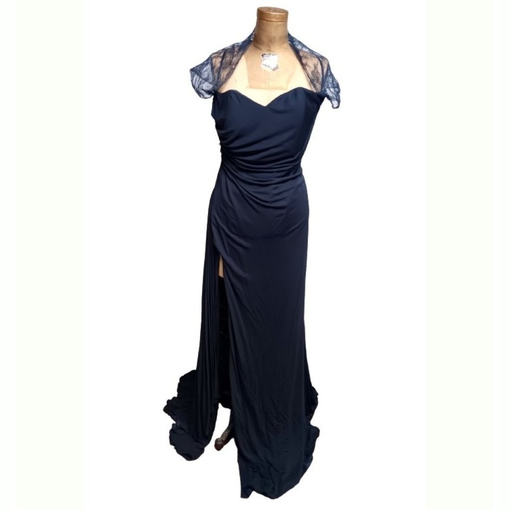 Gustavo Cadile Navy Blue Evening Gown Lace Back and Cap Sleeves Size 10